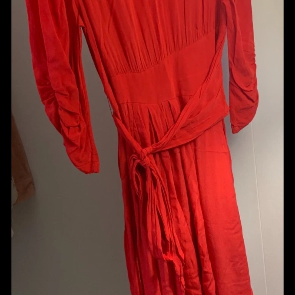 Claudie Pierlot Paris Midi Dress Women's 40 Red Ruched Sleeve Tie Waist High Low